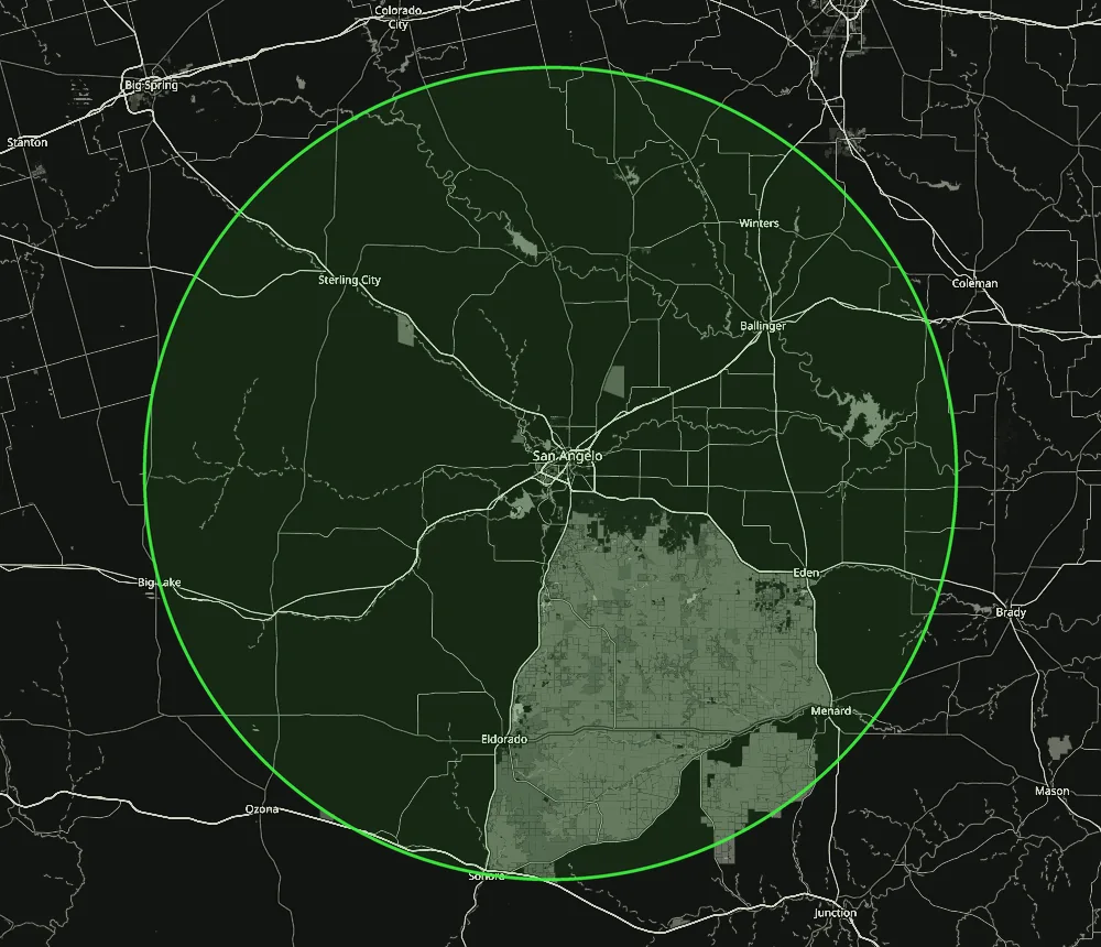Map of the 60-mile service area around San Angelo, centred on San Angelo